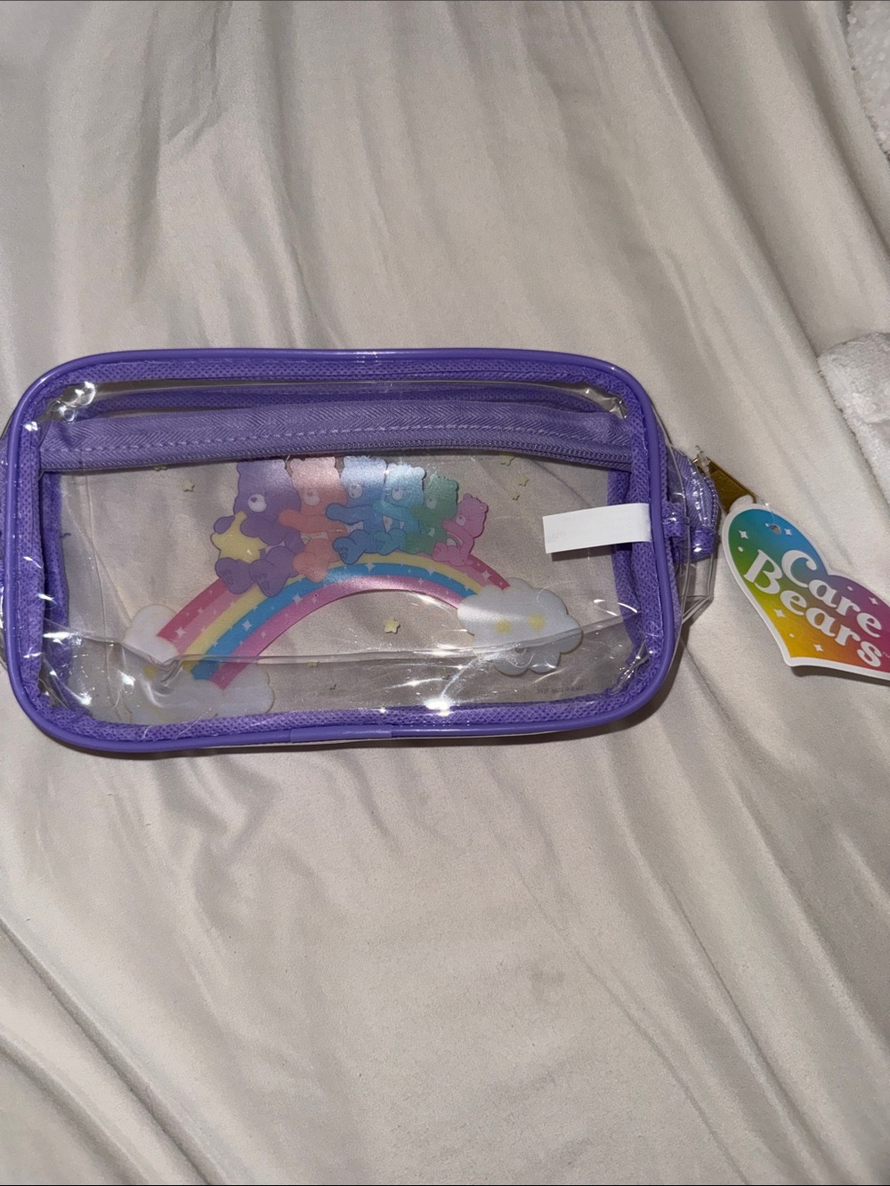 NWT Care Bears Rainbow Clear Pouch Makeup Bag Pencil Case Purple Waterproof New - Picture 2 of 4